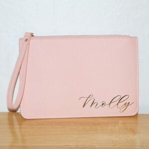 Pink Personalized Vegan Leather Wristlet Clutch Purse Pouch With "Molly" Script.
